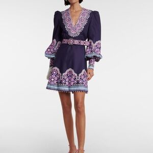 Zimmermann Purple Midi Dress with Pink and Light Blue Embroidery